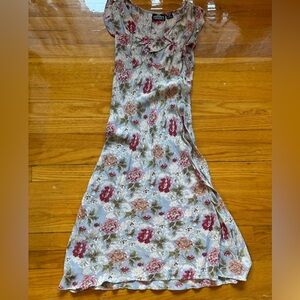 Y2K Floral Slip Dress m Blue with Pink & Burgundy Flowers